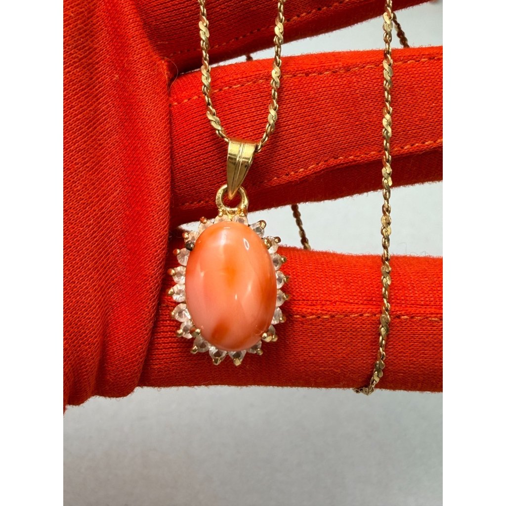 Vintage Agate Like Coral Cabochon Pendant Necklace Gold Filled Diamond Halo